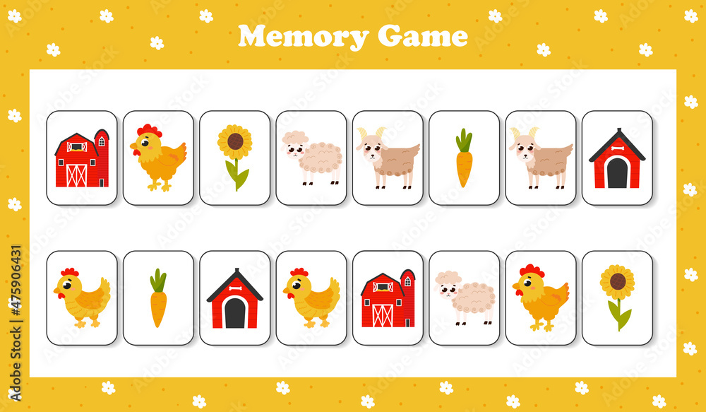 Memory game with farm themed cards in cartoon style with animals ...