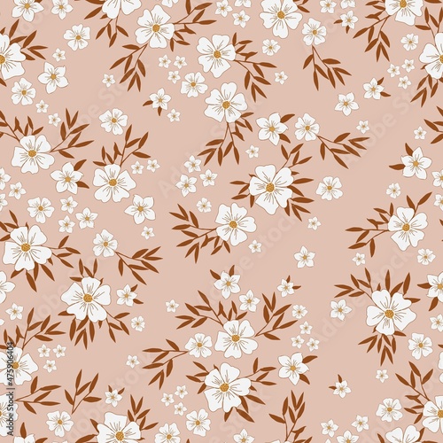 Vintage pattern. Wonderful white flowers and terracotta leaves. Light pink background. Seamless vector template for design and fashion prints.