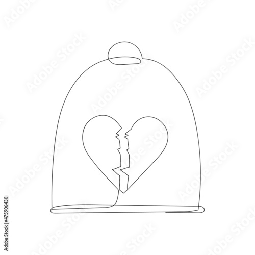 Continuous line broken heart under a glass dome.The concept of unhappy love. Vector illustration.