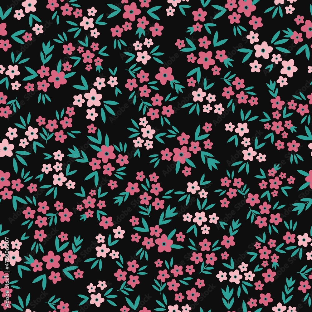 Vintage pattern. small pink flowers and green leaves . black background. Seamless vector template for design and fashion prints.