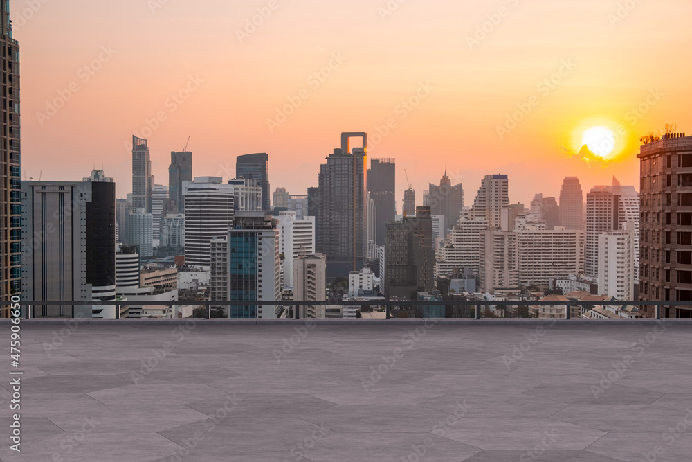 Panoramic Bangkok skyline view, concrete observatory deck on rooftop, sunset. Luxury Asian corporate and residential lifestyle. Financial city downtown, real estate. Product display mockup empty roof