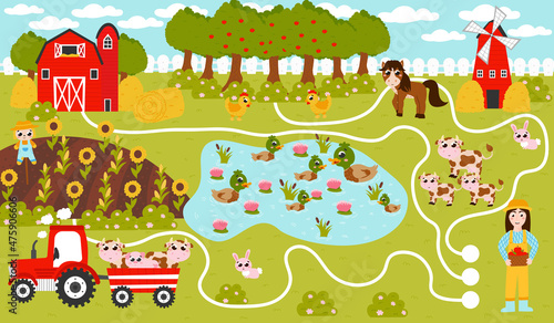 Find way game for kids with farmer girl and tractor with animals, pond with ducks and barn, harvest and animals