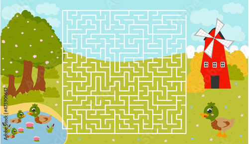 Duck and pond with birds, windmill and haystacks in cartoon style, printable worksheet for kids with labyrinth