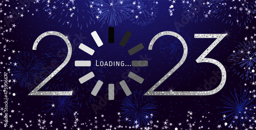 2023 A Happy New Year concept. Congrats sign. Decorative loading spinning icon. Digital clock. Shiny digits. Abstract isolated graphic design template. Creative Christmas decoration. Glittering frame.