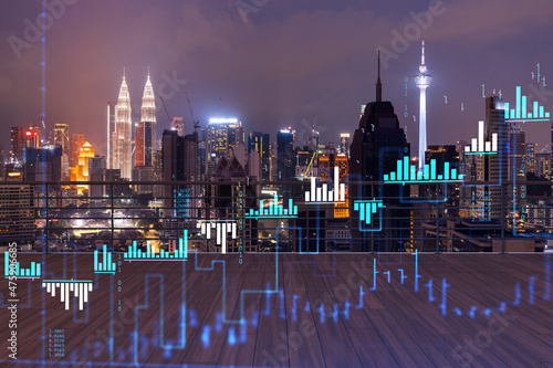 Canvas Print Rooftop with wooden terrace, Kuala Lumpur night skyline
