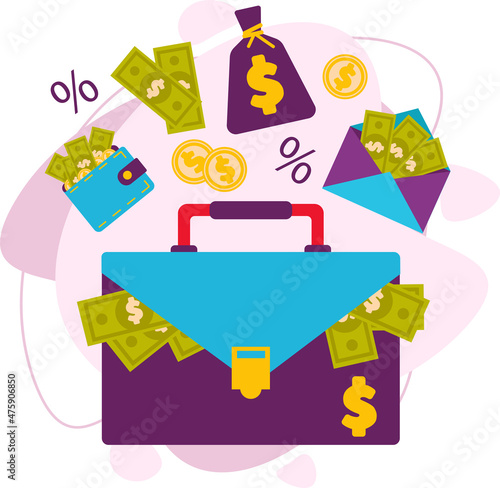 A big suitcase full of money. A bag with money, an envelope with bills and a purse with money. Flat vector illustration.