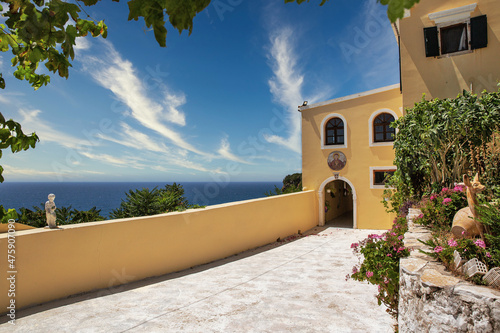 Monastery Mirtiotissas on the western Corfu island coast, Greece.