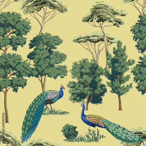 Green trees, peacock bird seamless pattern yellow background. Botanical landscape wallpaper.
