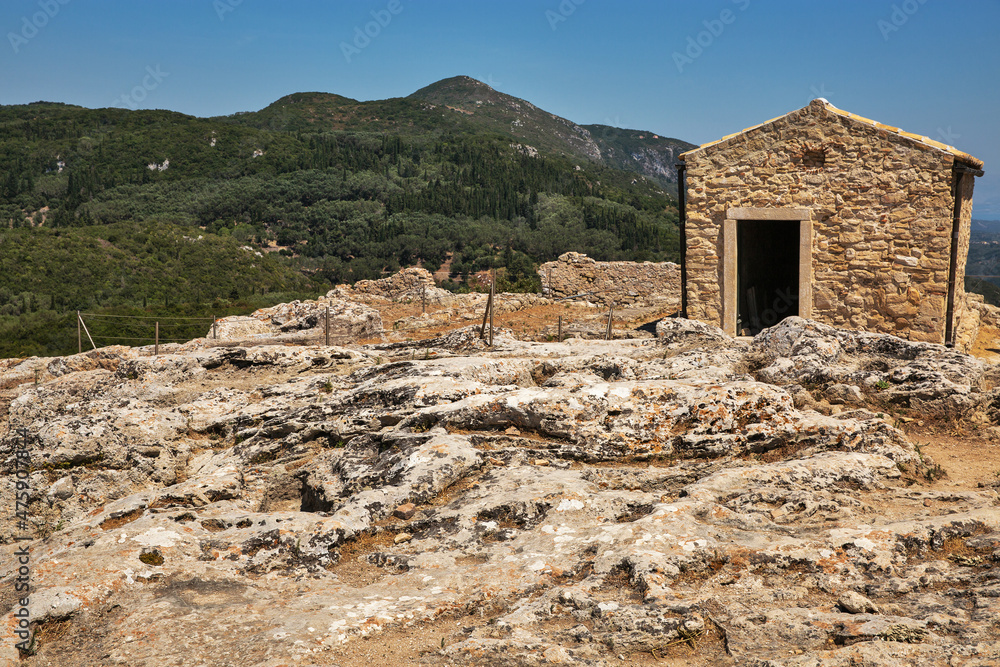 Ancient stone ruins in fortress Angelocastro, Corfu, Greece.