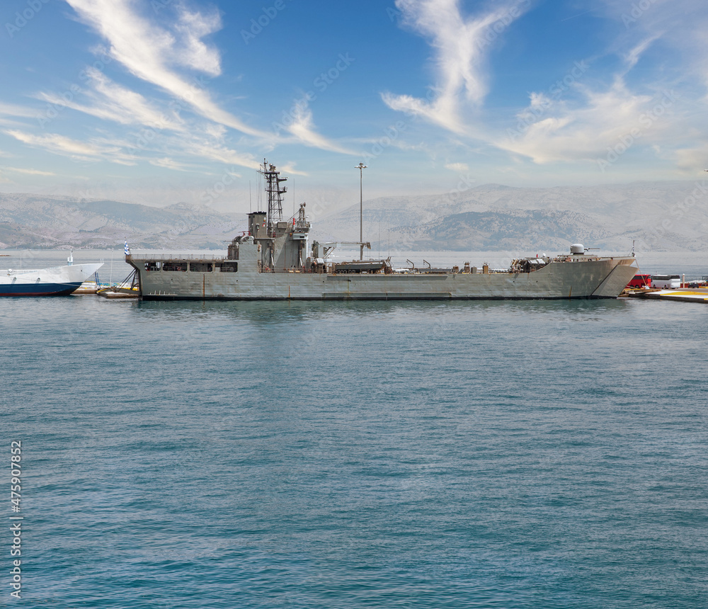 Hellenic Navy military ship moored in port. Corfu, Greece.
