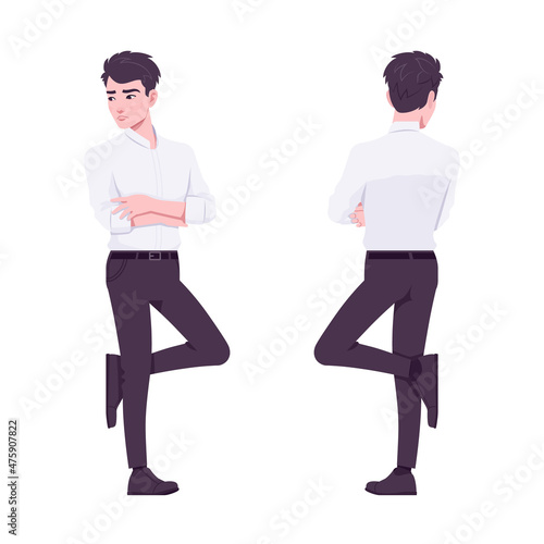 Office boy, modern confident man standing leaning. Handsome male assistant business manager formal clothes. Vector flat style cartoon illustration isolated, white background, front, rear view