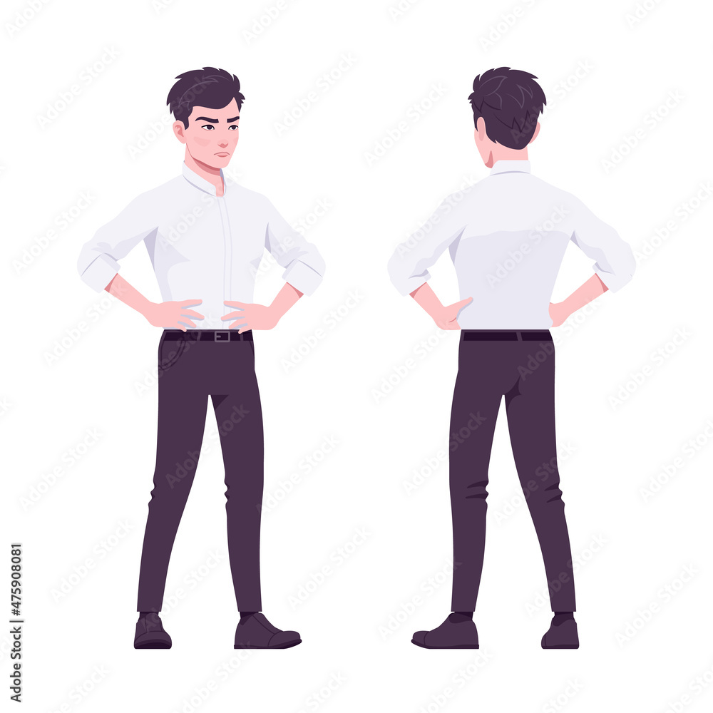 Office boy, modern man standing confident akimbo pose. Handsome male assistant business manager in formal clothes. Vector flat style cartoon illustration isolated on white background, front, rear view Office boy, modern man standing confident akimbo pose. Handsome male assistant business manager in formal clothes. Vector flat style cartoon illustration isolated on white background, front, rear view