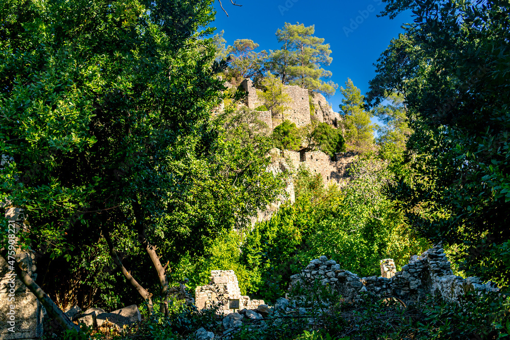 ruins of fortress walls on wooded mountain slopes in the antique city of Olympos, Turkey