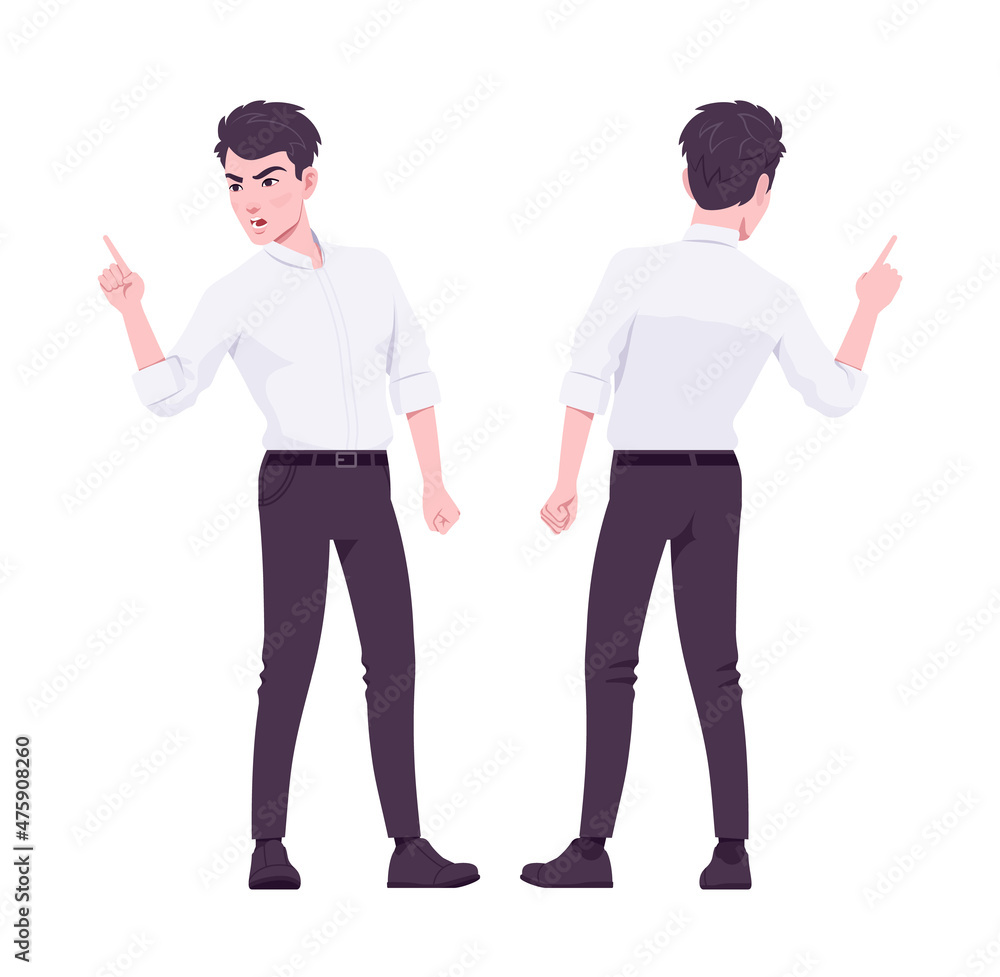 Office boy, modern man standing talking in anger. Handsome male assistant business manager in formal clothes. Vector flat style cartoon illustration isolated on white background, front and rear view Office boy, modern man standing talking in anger. Handsome male assistant business manager in formal clothes. Vector flat style cartoon illustration isolated on white background, front and rear view