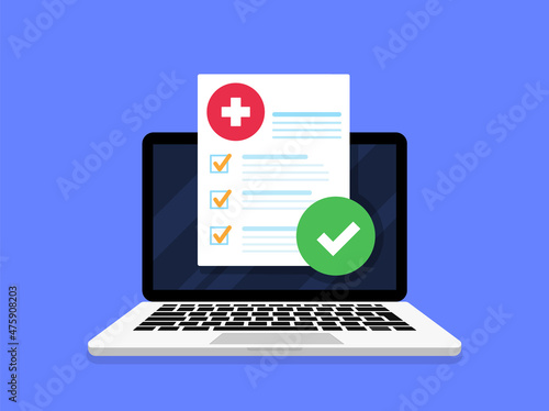 Medical prescription digital document or online test results report. Medical form check list with results data and approved check mark online on laptop screen icon. Concept internet medicine. Vector