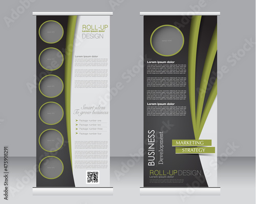 Roll up banner stand template. Abstract background for design,  business, education, advertisement.  Green and black color. Vector  illustration.