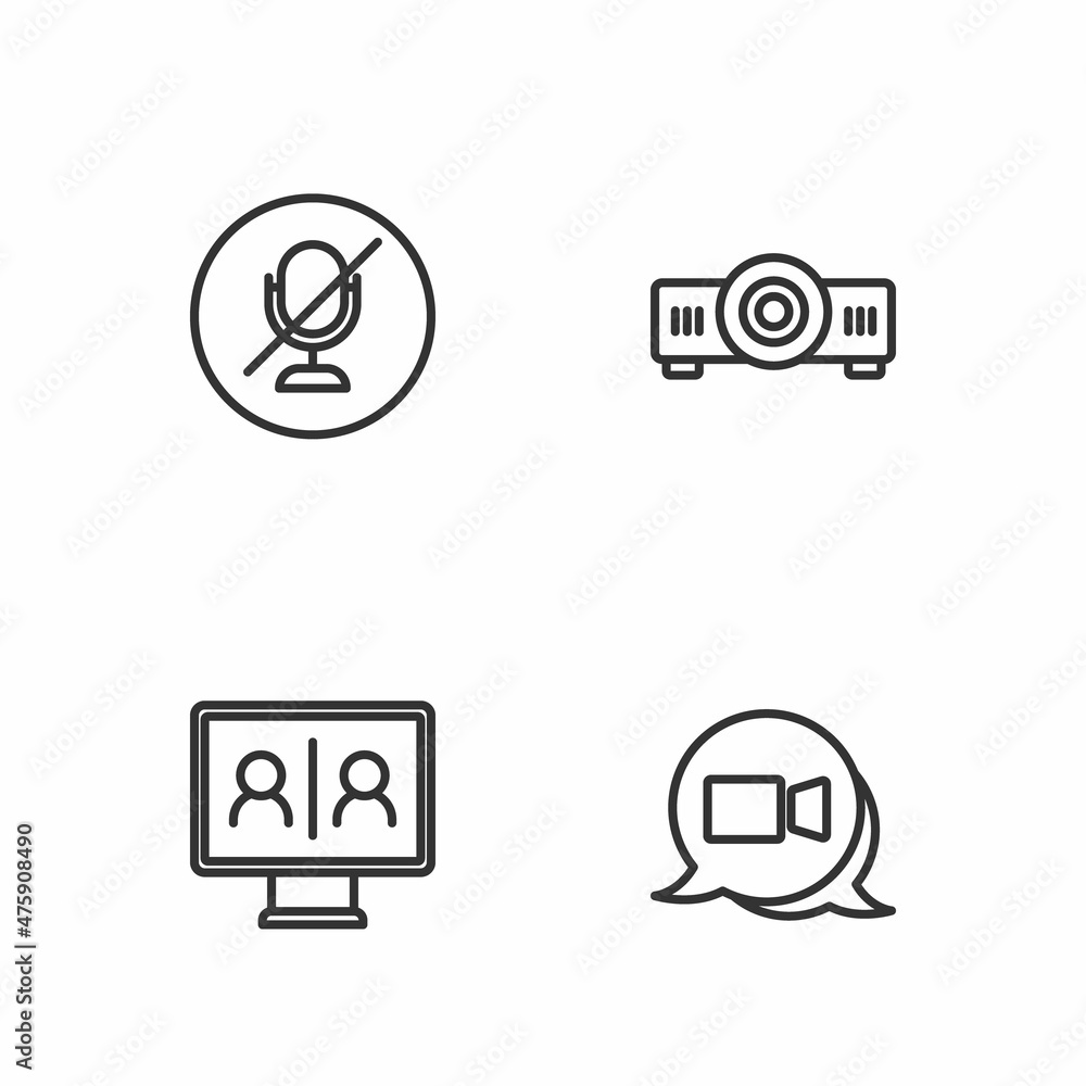 Set line Video chat conference, Mute microphone and Movie, film, media projector icon. Vector Set line Video chat conference, Mute microphone and Movie, film, media projector icon. Vector