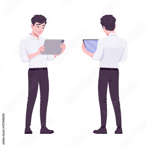 Office boy, modern man standing with horizontal tablet. Handsome male assistant business manager in formal clothes. Vector flat style cartoon illustration isolated, white background, front, rear view