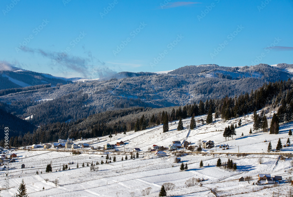 landscape with a village in Bucovina in winter