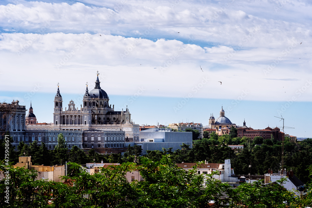 Cityscape of Madrid with Almudena Cathedral and Royal Palace, Spain
