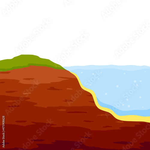 Water shore. Land in cross section. Coast of pond and bottom of lake. Ecology and geology. Flat cartoon illustration