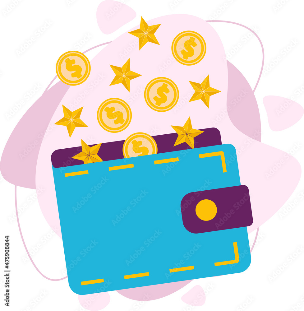 Obraz premium Coins and gold stars fly out of the wallet. Loss of money, cost overruns, bankruptcy. Flat vector illustration.