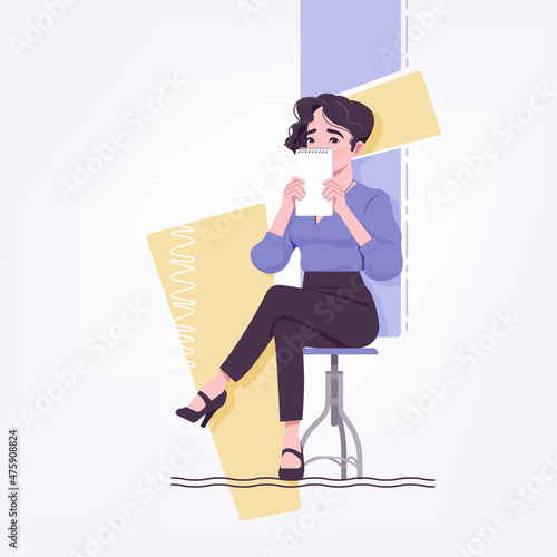 Office girl, young secretary, businesswoman sitting, covering face with notebook. Social media profile picture, business lady portrait. Vector flat style creative illustration, abstract art background