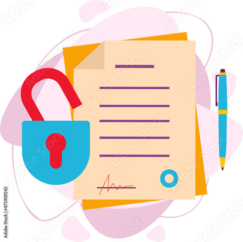 A protected document with a data file with an open lock icon. Data protection, data security. A document with a lock icon and a pen.