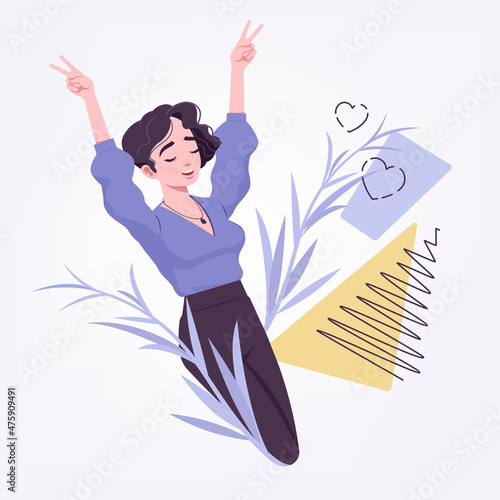 Office girl, young secretary, businesswoman jumping with joy. Beautiful modern female social media profile picture, business portrait. Vector flat style creative illustration, abstract art background