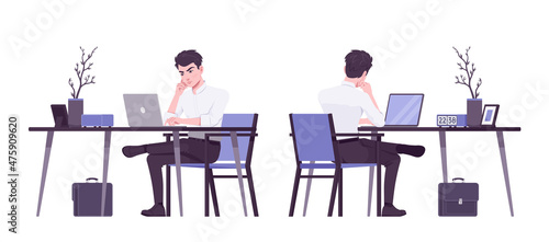 Office boy, modern man busy overworked at workplace. Handsome male assistant business manager in formal clothes. Vector flat style cartoon illustration isolated, white background, front, rear view