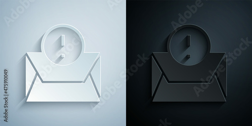 Paper cut Envelope icon isolated on grey and black background. Received message concept. New, email incoming message, sms. Mail delivery service. Paper art style. Vector