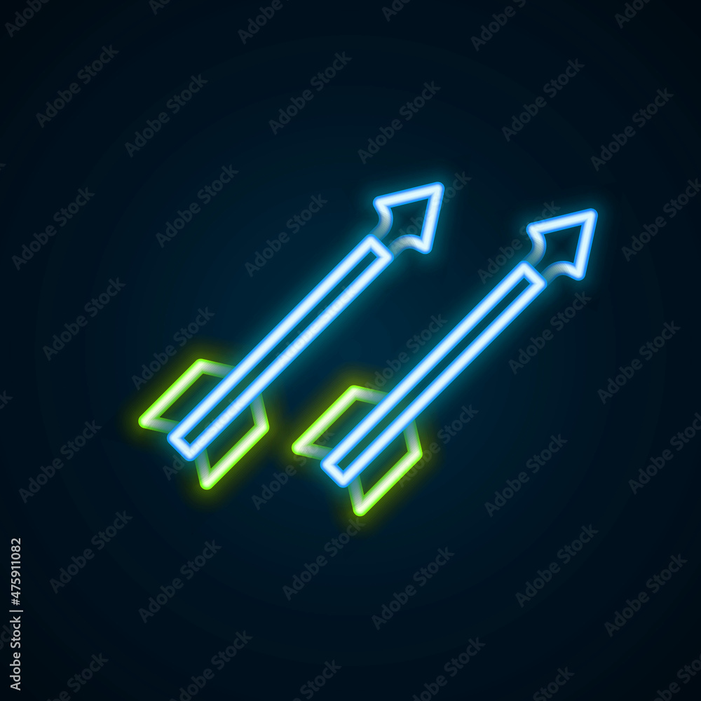 Glowing neon line Medieval arrows icon isolated on black background. Medieval weapon. Colorful outline concept. Vector Glowing neon line Medieval arrows icon isolated on black background. Medieval weapon. Colorful outline concept. Vector