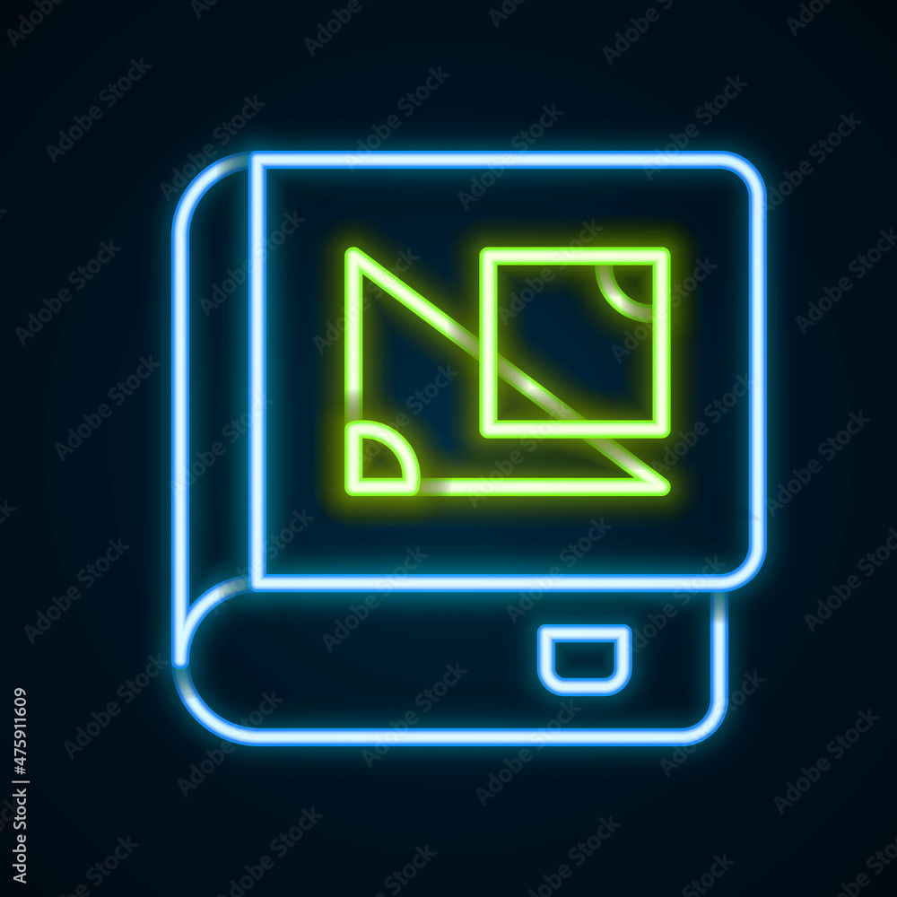 Glowing neon line Book about geometry icon isolated on black background. Colorful outline concept. Vector Glowing neon line Book about geometry icon isolated on black background. Colorful outline concept. Vector