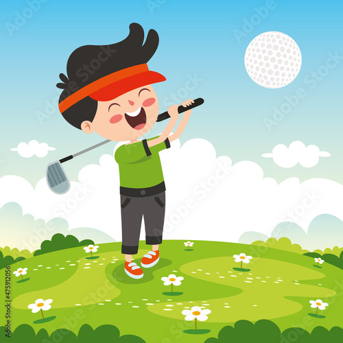 Cartoon Illustration Of A Kid Playing Golf