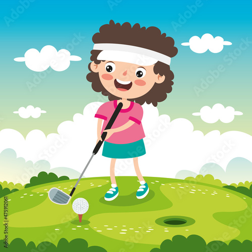 Cartoon Illustration Of A Kid Playing Golf