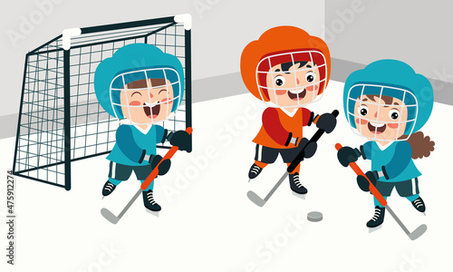 Cartoon Illustration Of A Kid Playing Ice Hockey