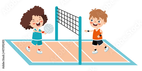 Cartoon Illustration Of A Kid Playing Volleyball photo