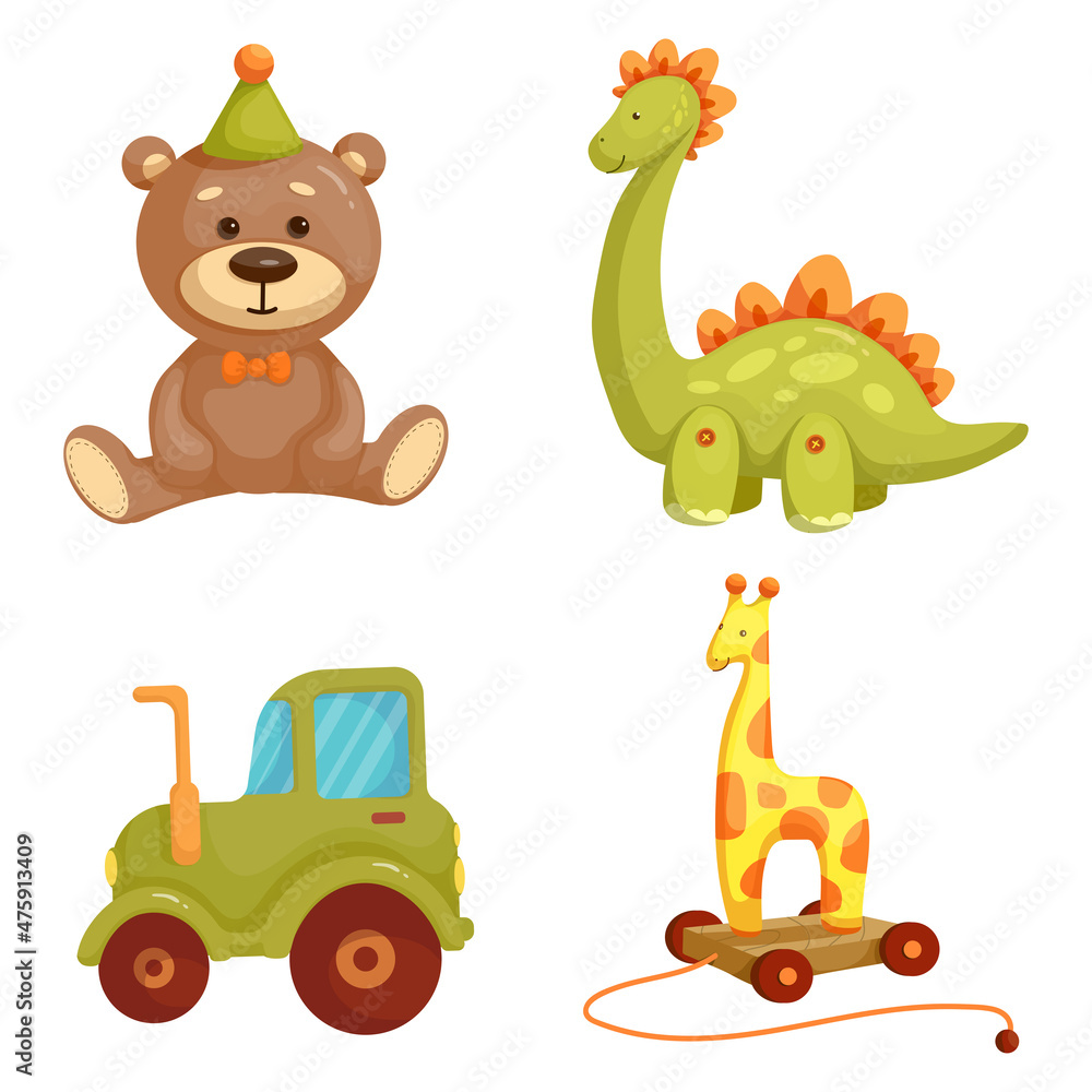 Fototapeta premium Set of cute toys, vehicles and figurines. Cartoon vector graphics.