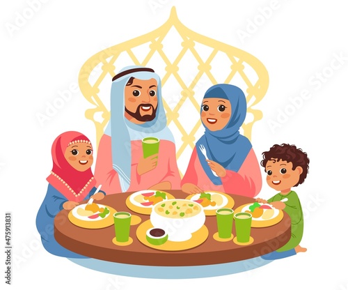 Muslim family having dinner. Traditional arabic meal. Father, mother, and kids in national clothes sitting at table, festive serving. Islamic culture vector cartoon flat isolated concept