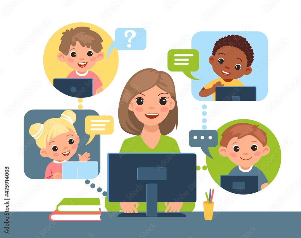 Kids online learning. Distance lesson, internet chat with teacher, woman sits at desk with computer, interactive joint studying. Multichannel school education, vector isolated concept Kids online learning. Distance lesson, internet chat with teacher, woman sits at desk with computer, interactive joint studying. Multichannel school education, vector isolated concept