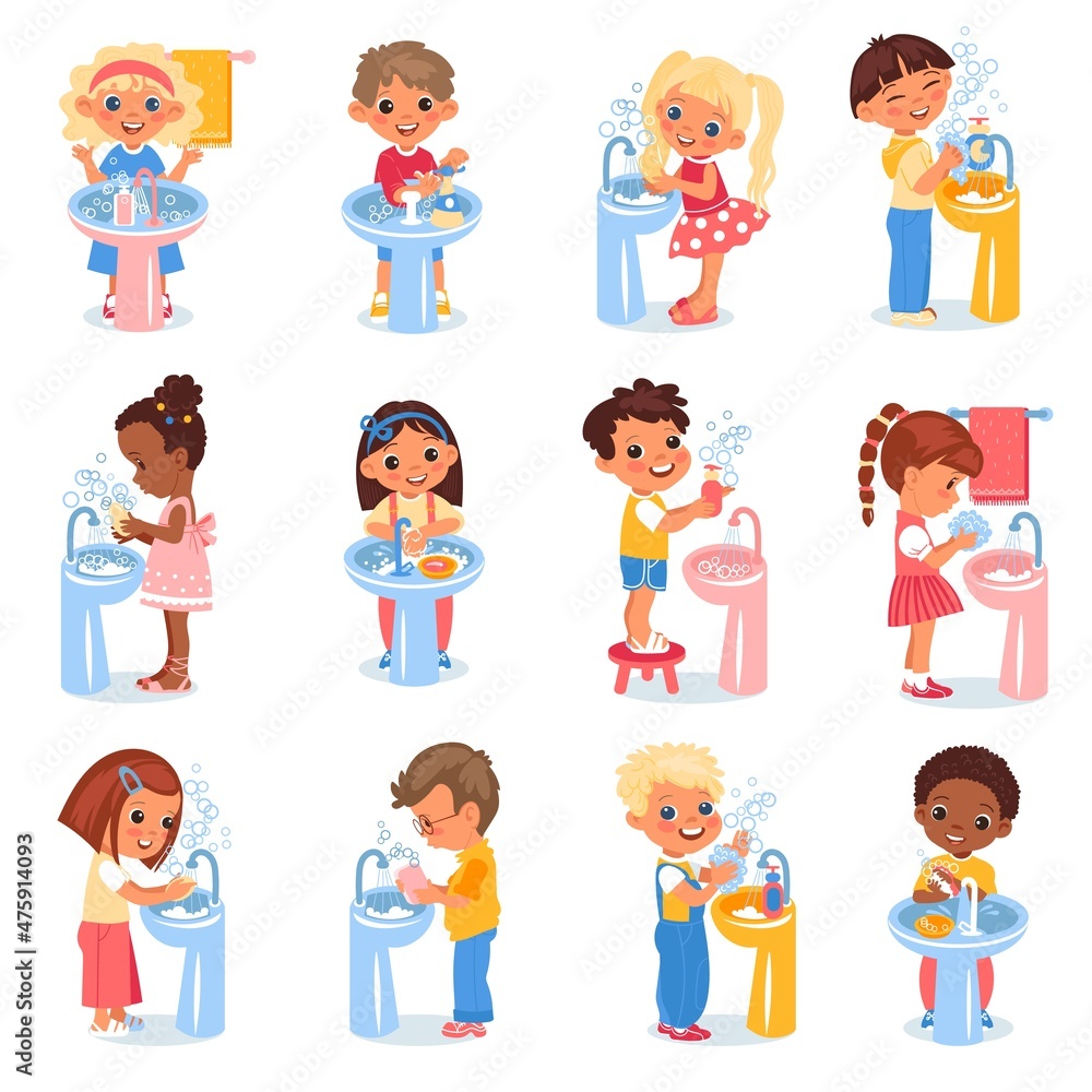 Kids washing hands. Happy children observe hygiene, boys and girl stand at sinks, soaped and disinfected hands, virus protection. Hygiene rules, vector cartoon flat isolated set