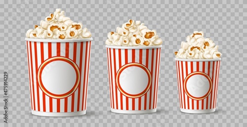 Realistic popcorn buckets. Round cardboard cups for cinema snacks different sizes, isolated on transparent background fast food containers, 3d corn flakes in striped packaging vector set