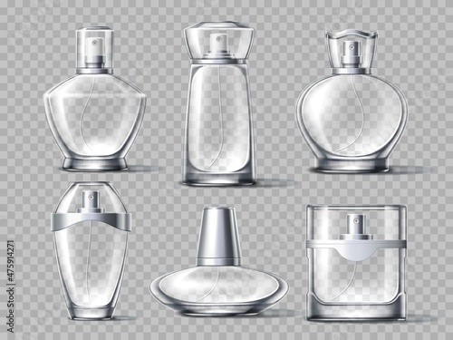 Realistic perfume bottles. Fashion packaging fragrances, 3d empty glass spraying vials with transparent and metal cap different forms, cosmetic mockup, vector isolated set
