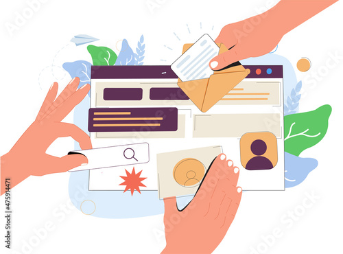 Landing page, programming, research concept. Hands of workers working on website or application, ui ux design.
