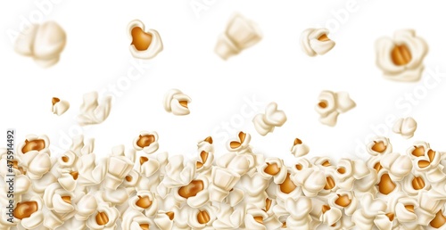 Popcorn seamless border. Realistic flying salted corn flakes background, cinema snacks frame, 3d party fast food products heap, falling flakes horizontal backdrop, vector isolated concept