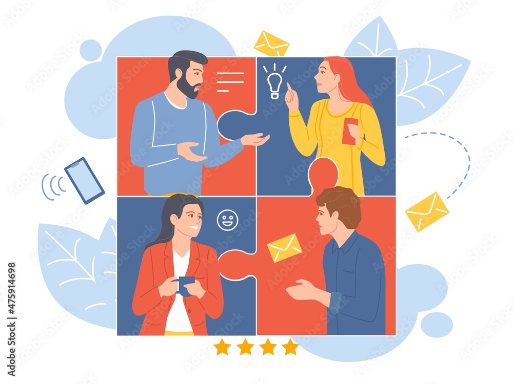 Online connect puzzle. Office people chat, employees communicate remotely, working media application for solving issues, business cooperation and collaboration, vector isolated concept