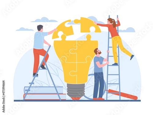 Joint idea development. Employees collect big light bulb from puzzle pieces, teamwork process, people succeed collaboration, new project and business startup, vector isolated concept