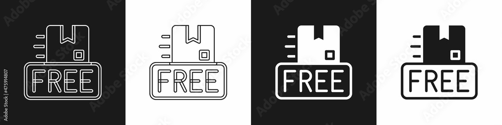 Set Cardboard box with free symbol icon isolated on black and white background. Box, package, parcel sign. Delivery, transportation and shipping. Vector Set Cardboard box with free symbol icon isolated on black and white background. Box, package, parcel sign. Delivery, transportation and shipping. Vector