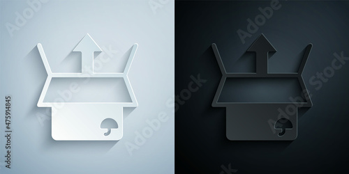 Paper cut Unboxing icon isolated on grey and black background. Paper art style. Vector