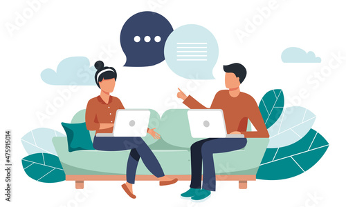 Vector illustration, workers are sitting at the negotiating table, vector collective thinking and brainstorming, company information analytics	